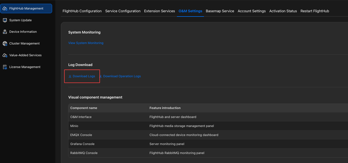 Download operations and maintenance logs