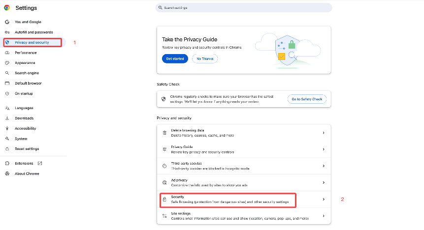 Chrome privacy and security settings