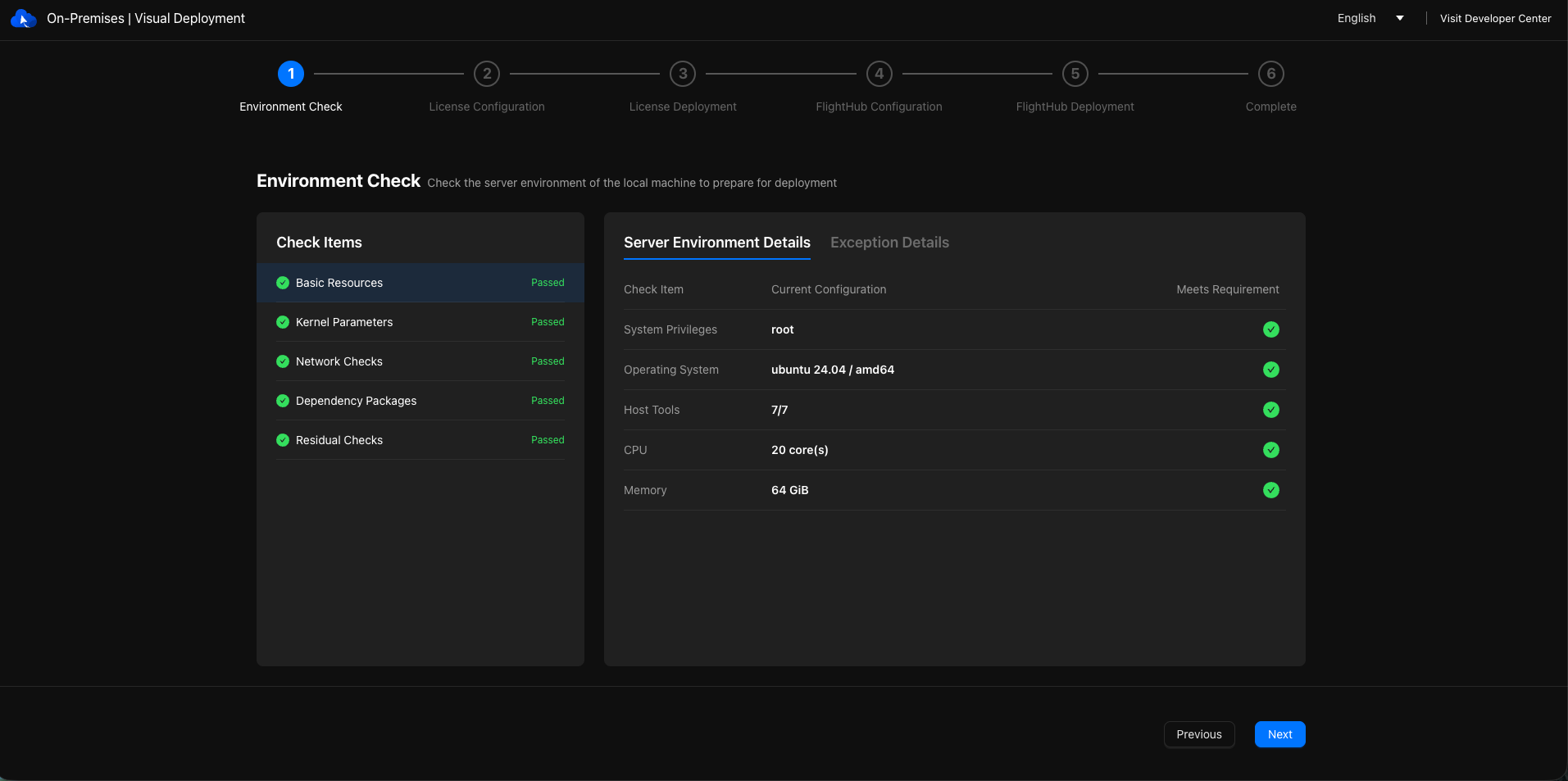Environment check results