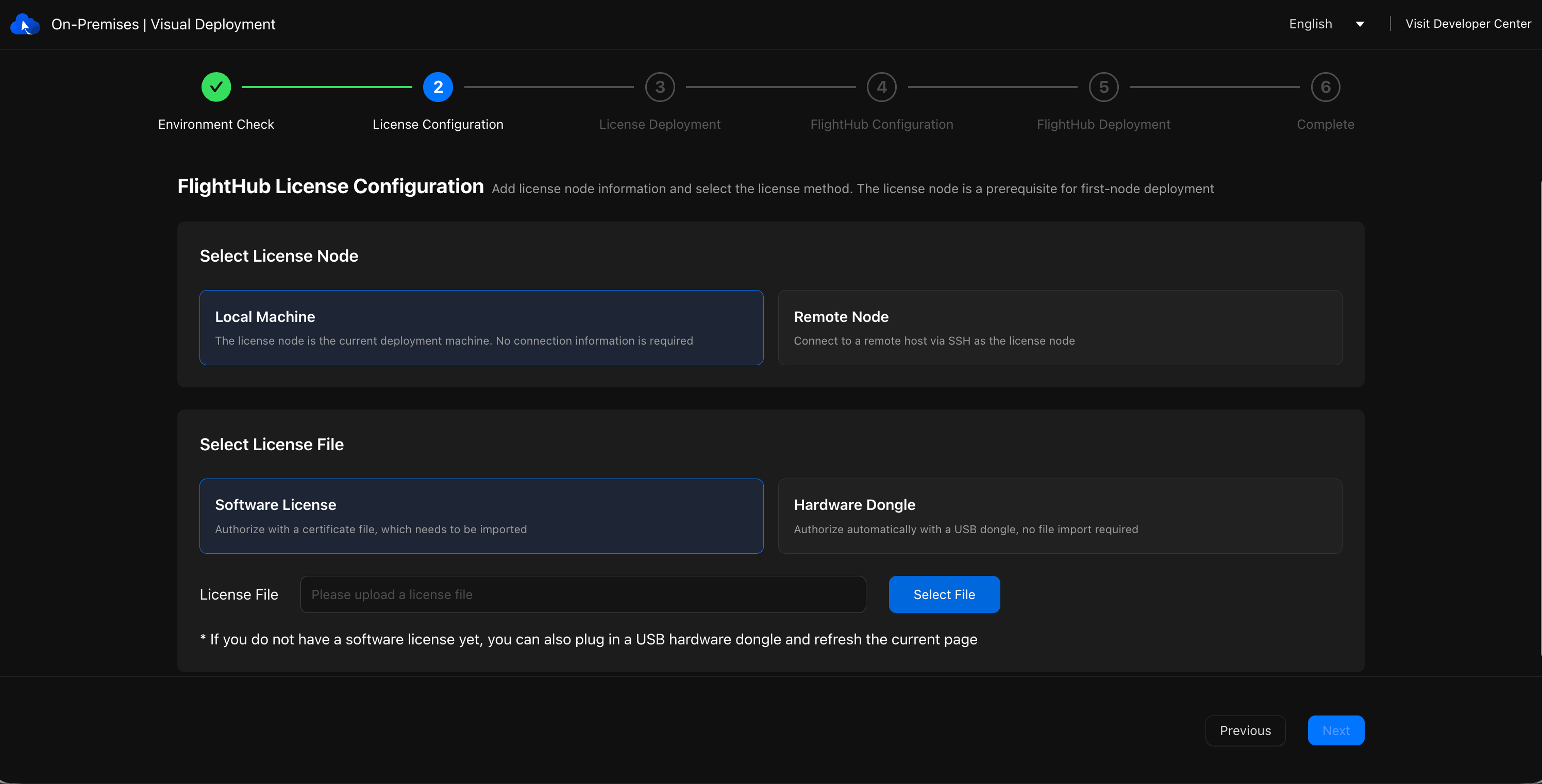 Local license node and license file selection
